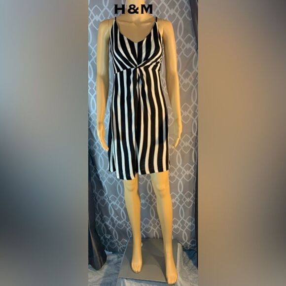 H&M Mini Dress Black with Cream and Tan Stripes EUC S:M Measurements in pics - Picture 1 of 4